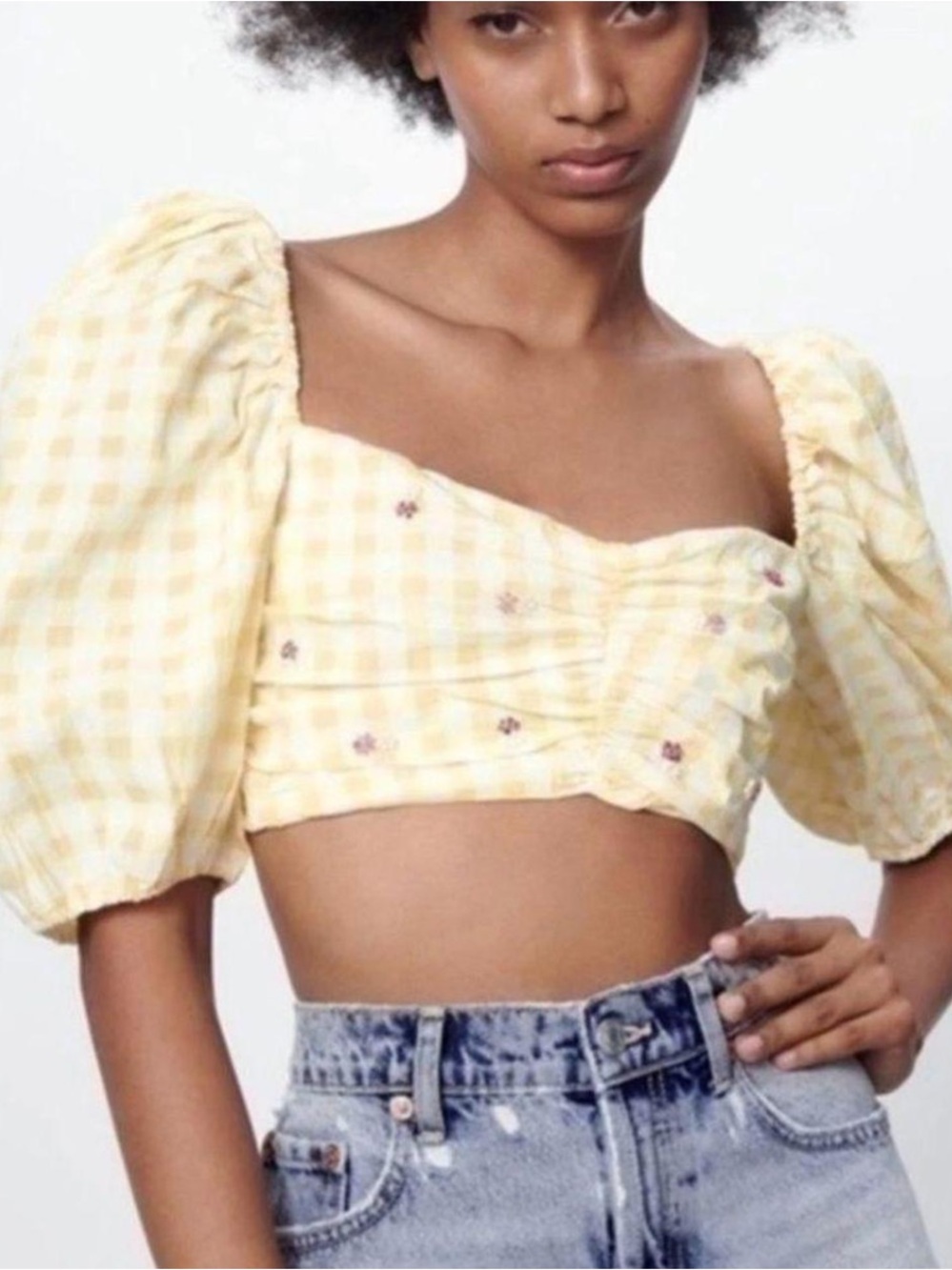 Zara Cotton Yellow Gingham Puff-Sleeve Crop Top